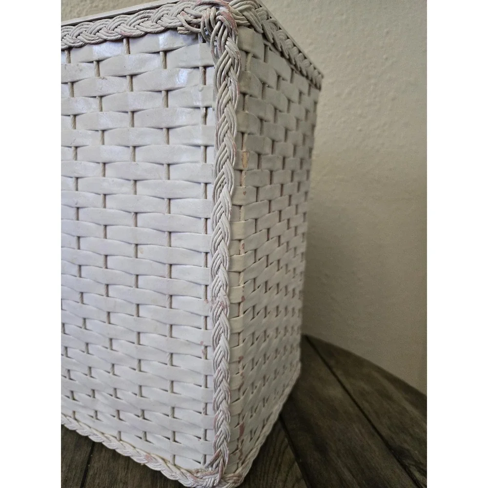 Vintage White Woven Wicker Trash Can Wastebasket Rectangle Shabby Chic MCM READ